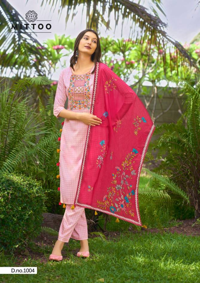 Innaya By Mittoo Threadwork Rayon Printed Kurti With Bottom Dupatta Wholesale Shop In Surat